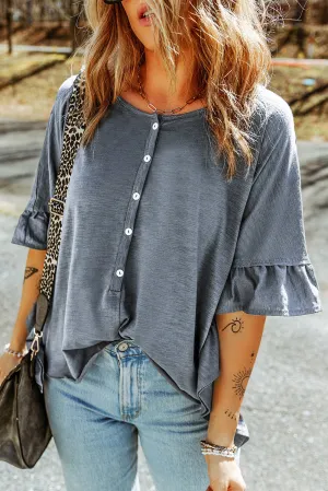 KHD Button Front Flounce Sleeve Tee