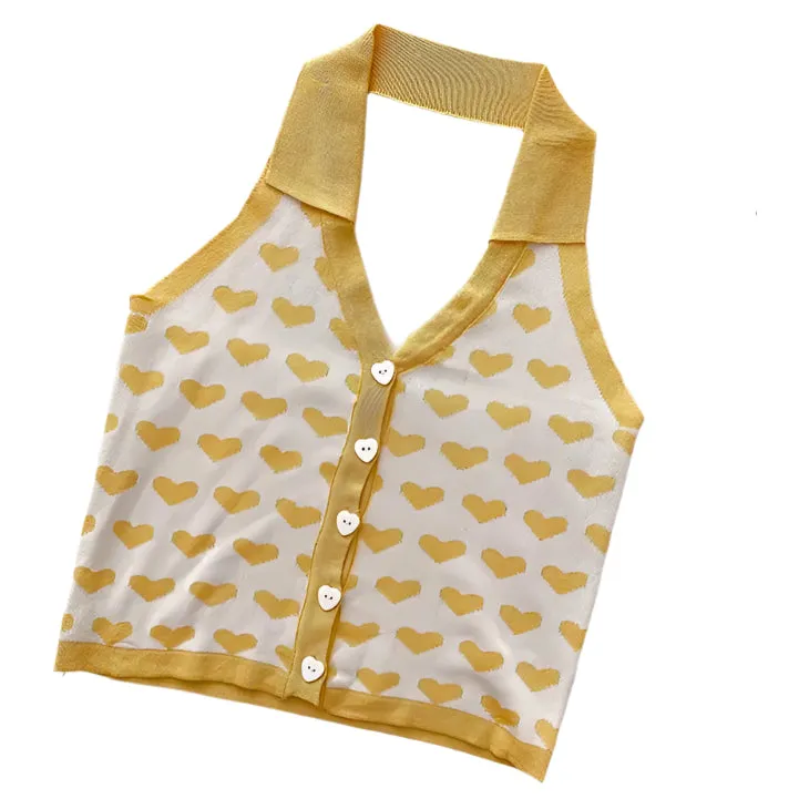Knitted Sleeveless Heart Print Tank Top Halter Neck Women Backless Cardigan Sexy Small Vest Kawaii Harajuku Cute Sweet