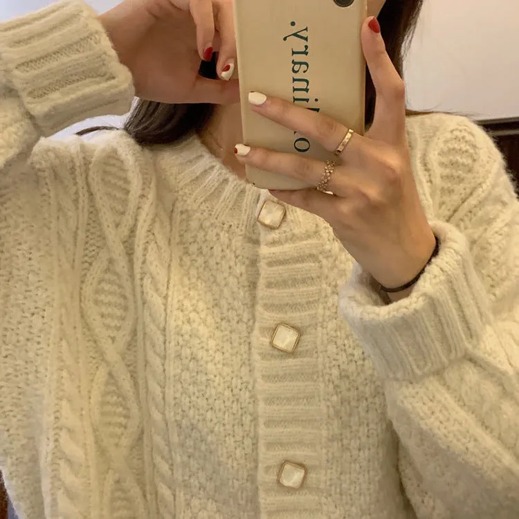 Korean Rhombus Button Cable Knitted Cardigan