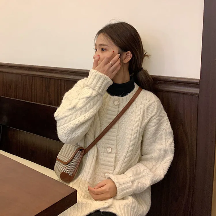 Korean Rhombus Button Cable Knitted Cardigan