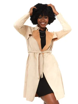 Ladies Suede Belted Trench Coat - Sand