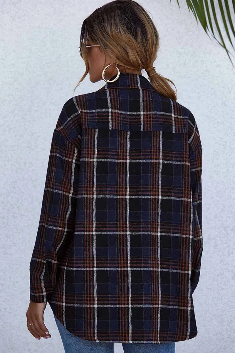 Lapel Long Sleeve Single Breasted Plaid Tops