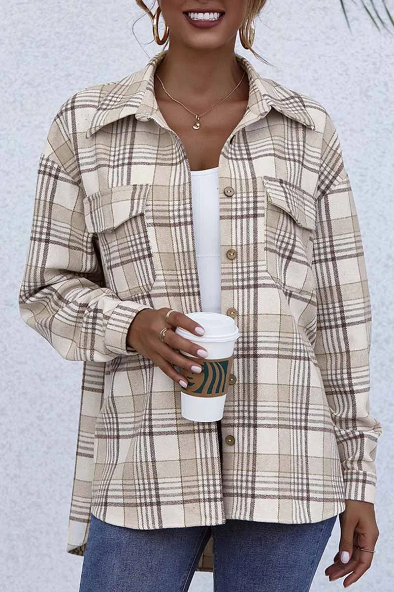 Lapel Long Sleeve Single Breasted Plaid Tops