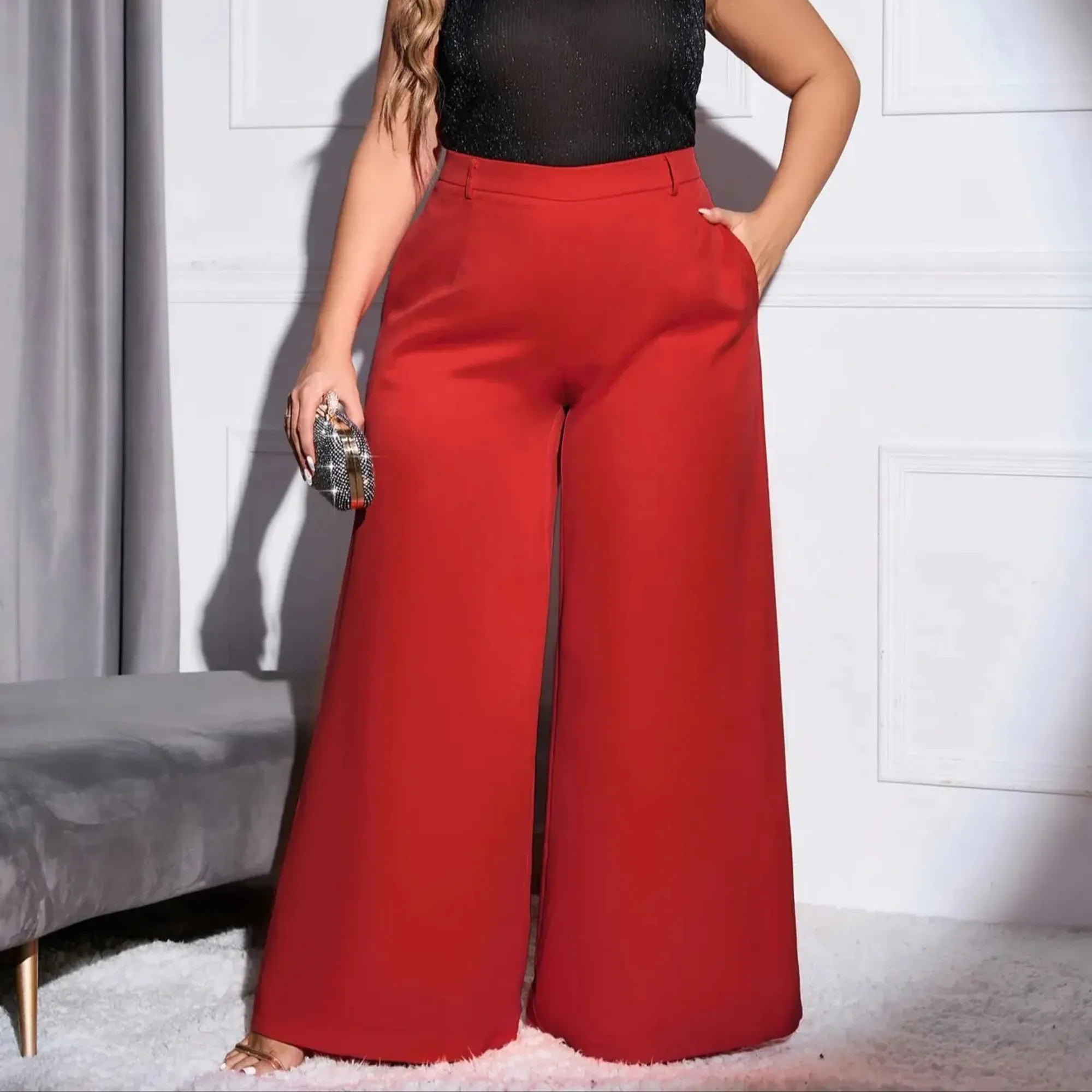 Lola - Red Plus Size High Waist Wide Leg Pants