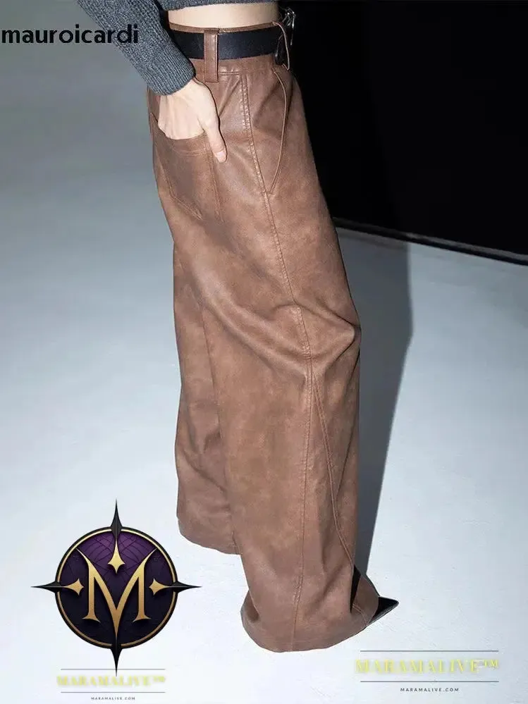 Long Loose Casual Brown Pu Leather Pants Men Wide Leg LUxury Designer Unisex Trousers Fashions 2023