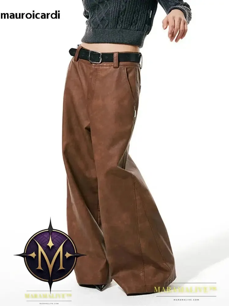 Long Loose Casual Brown Pu Leather Pants Men Wide Leg LUxury Designer Unisex Trousers Fashions 2023