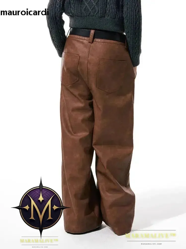 Long Loose Casual Brown Pu Leather Pants Men Wide Leg LUxury Designer Unisex Trousers Fashions 2023