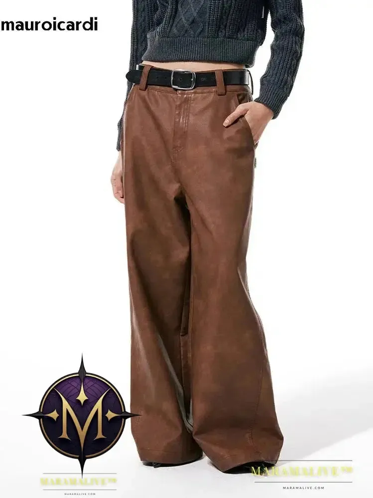 Long Loose Casual Brown Pu Leather Pants Men Wide Leg LUxury Designer Unisex Trousers Fashions 2023