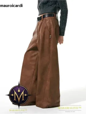Long Loose Casual Brown Pu Leather Pants Men Wide Leg LUxury Designer Unisex Trousers Fashions 2023