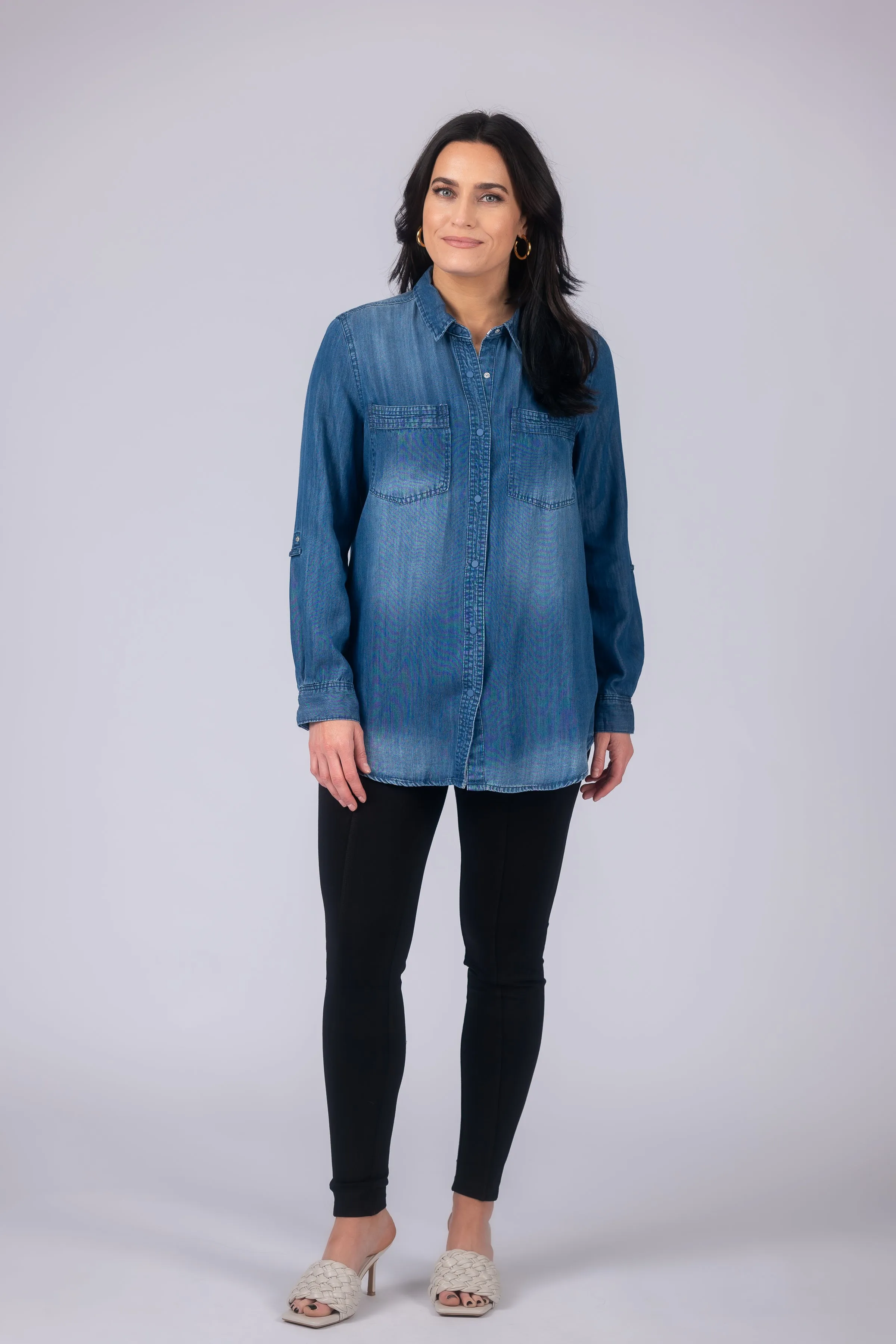 Long Roll-Tab Sleeve Button Front Slub Lyocell Shirt