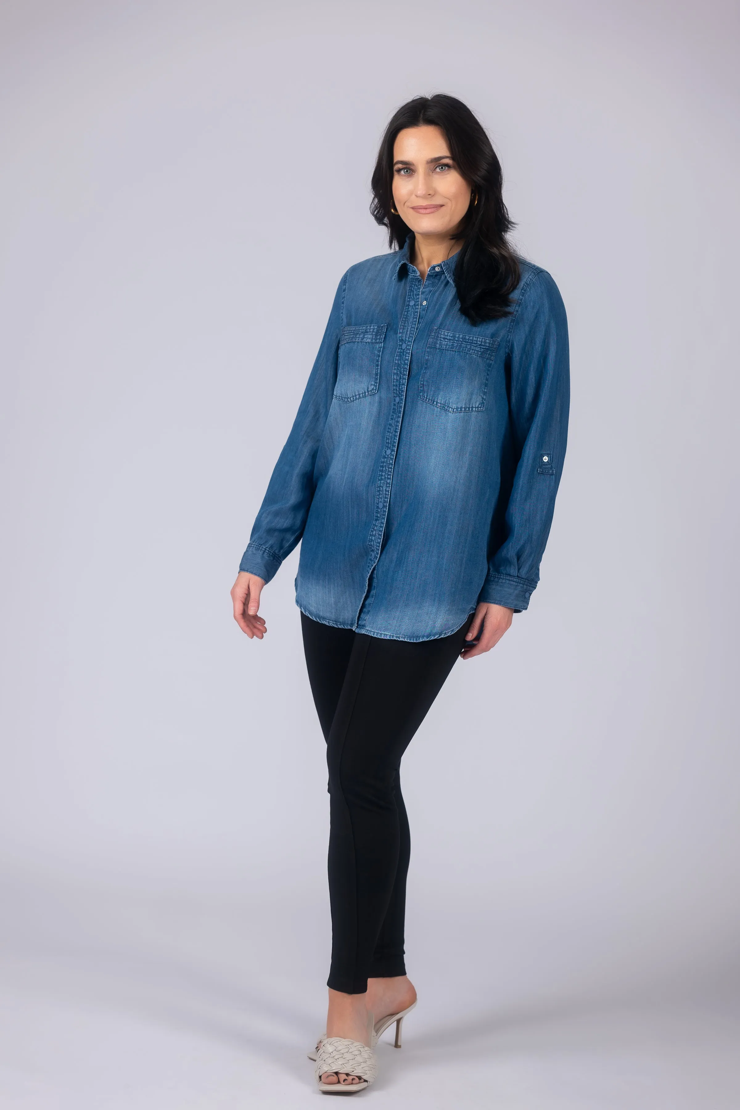 Long Roll-Tab Sleeve Button Front Slub Lyocell Shirt