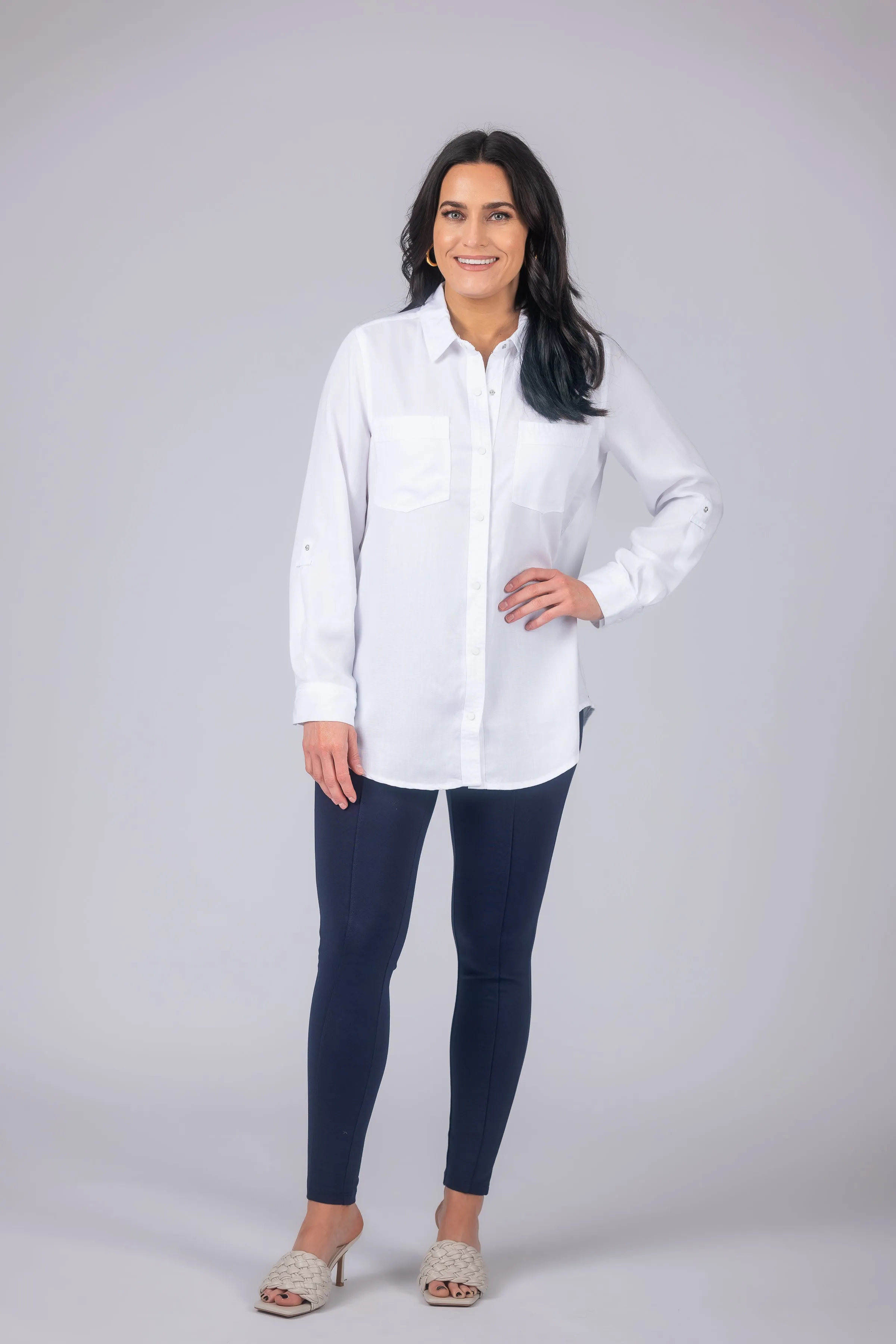 Long Roll-Tab Sleeve Button Front Slub Lyocell Shirt