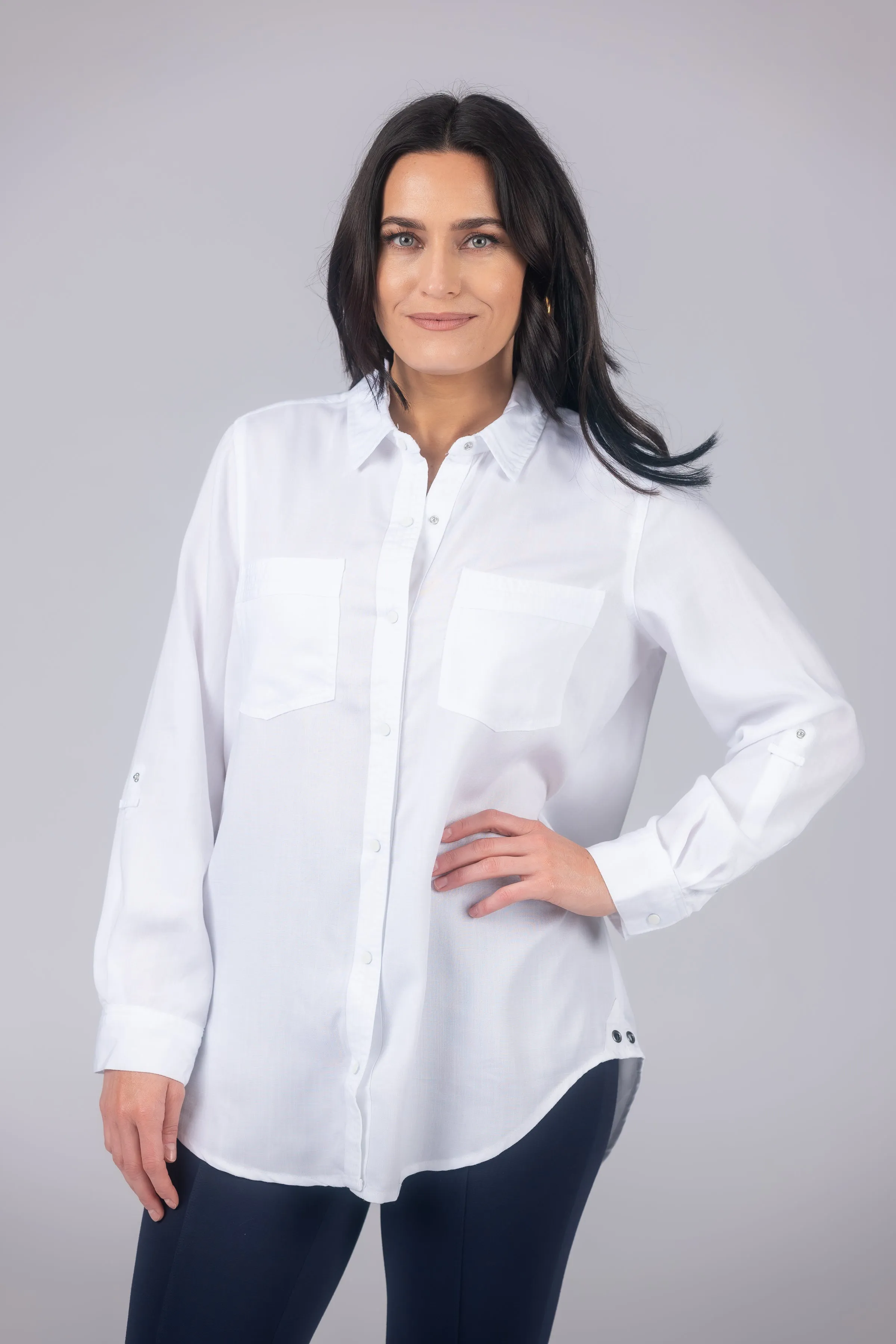 Long Roll-Tab Sleeve Button Front Slub Lyocell Shirt