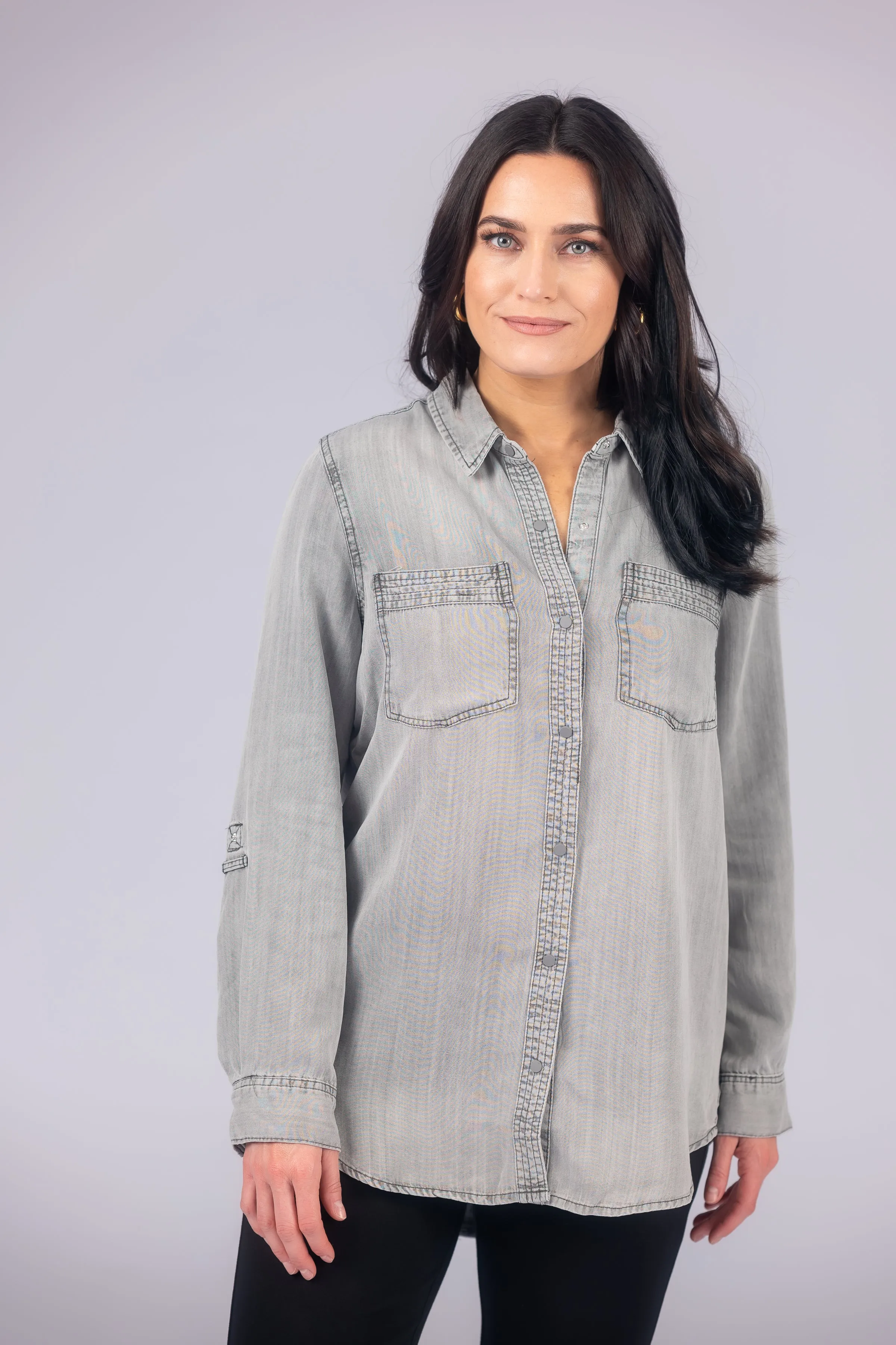 Long Roll-Tab Sleeve Button Front Slub Lyocell Shirt