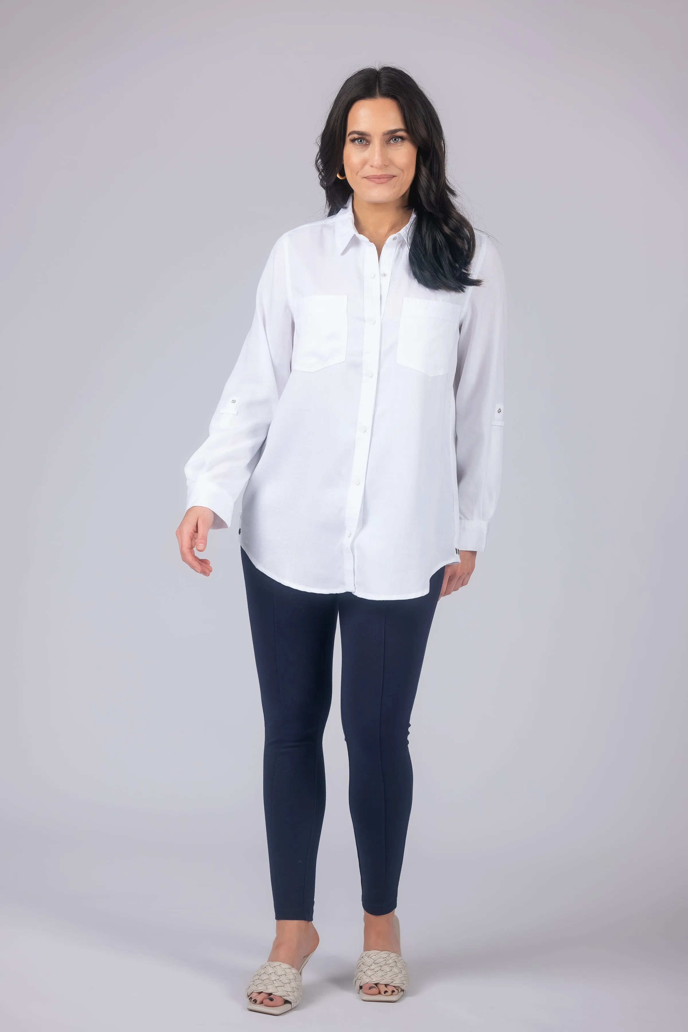 Long Roll-Tab Sleeve Button Front Slub Lyocell Shirt