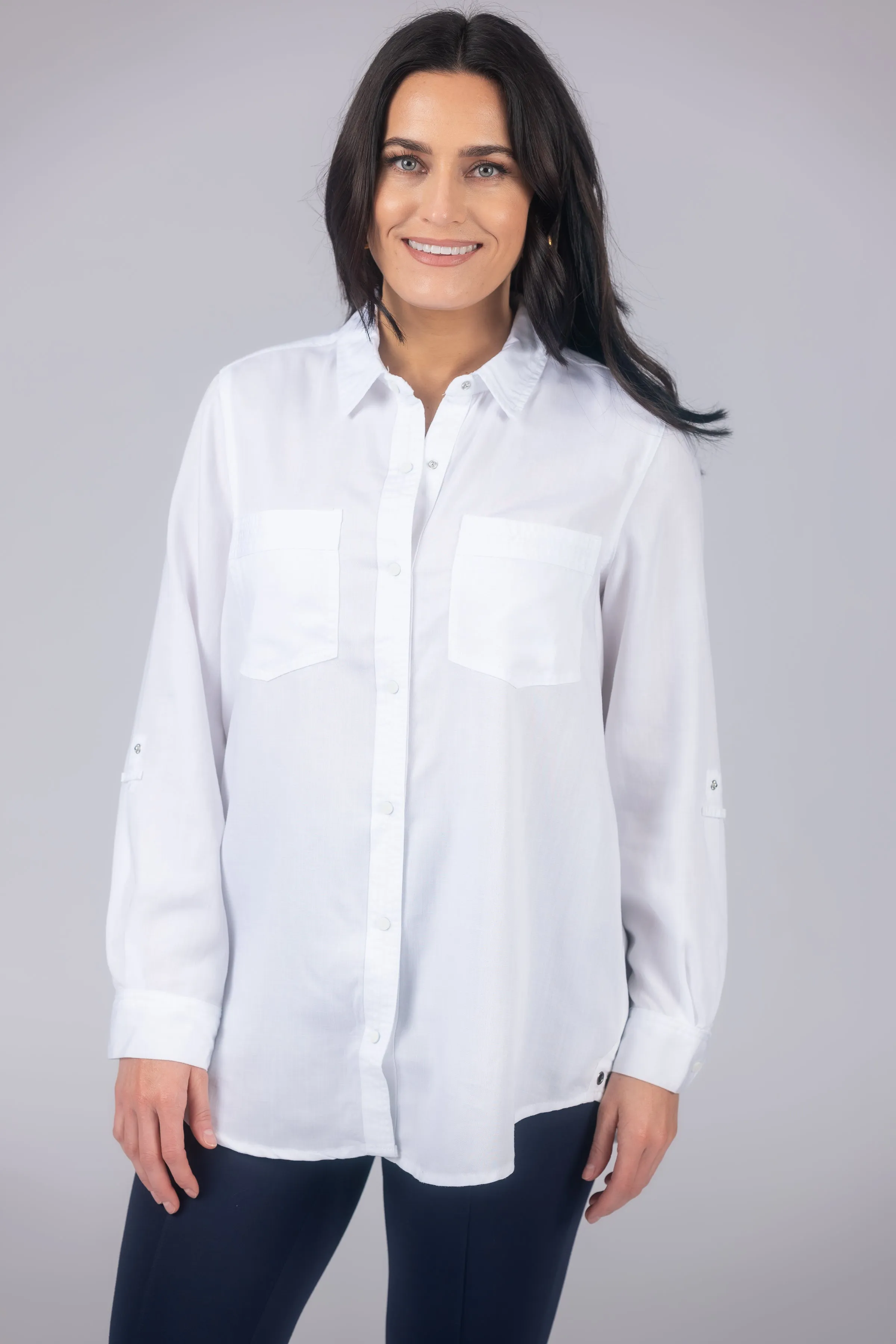 Long Roll-Tab Sleeve Button Front Slub Lyocell Shirt