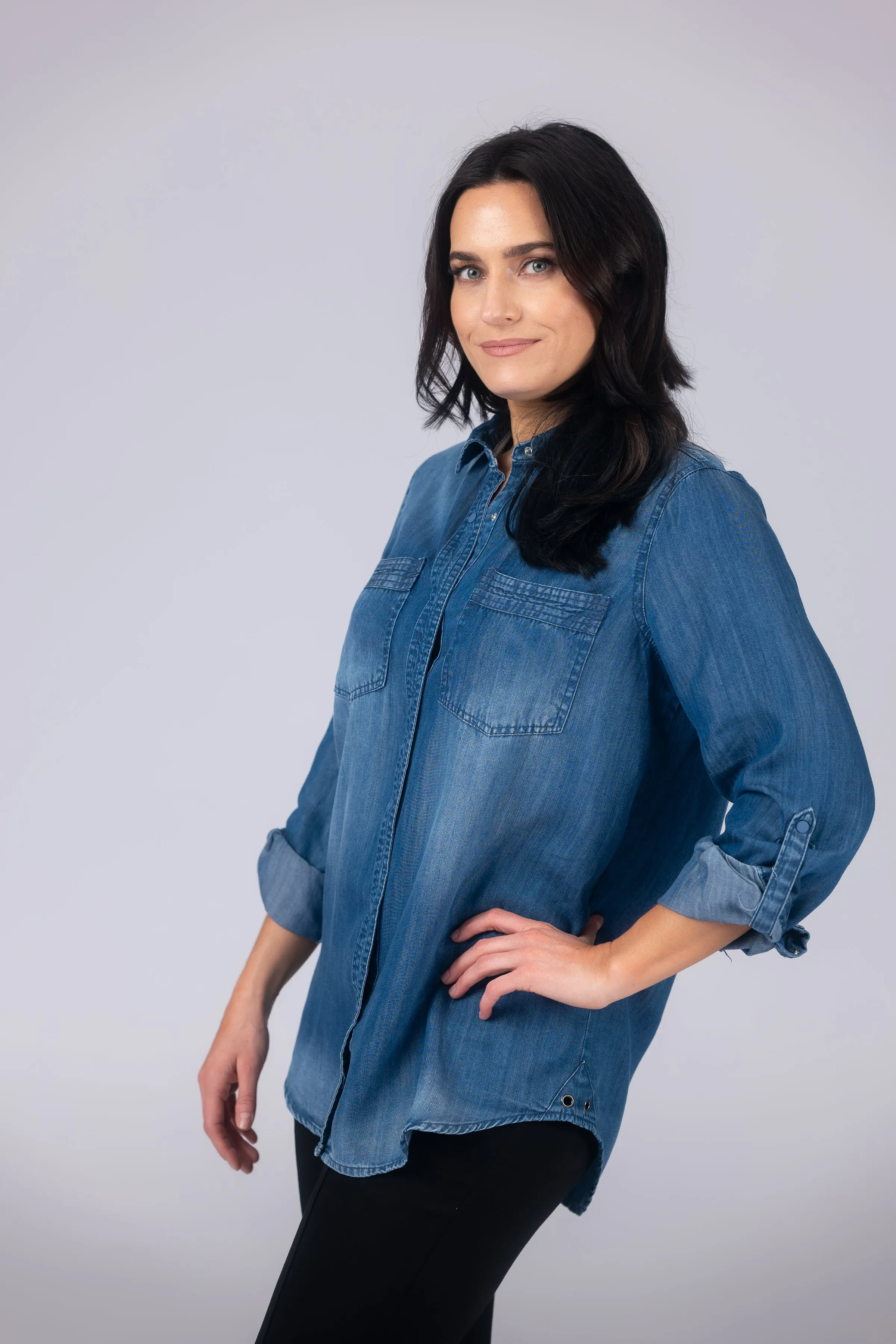 Long Roll-Tab Sleeve Button Front Slub Lyocell Shirt