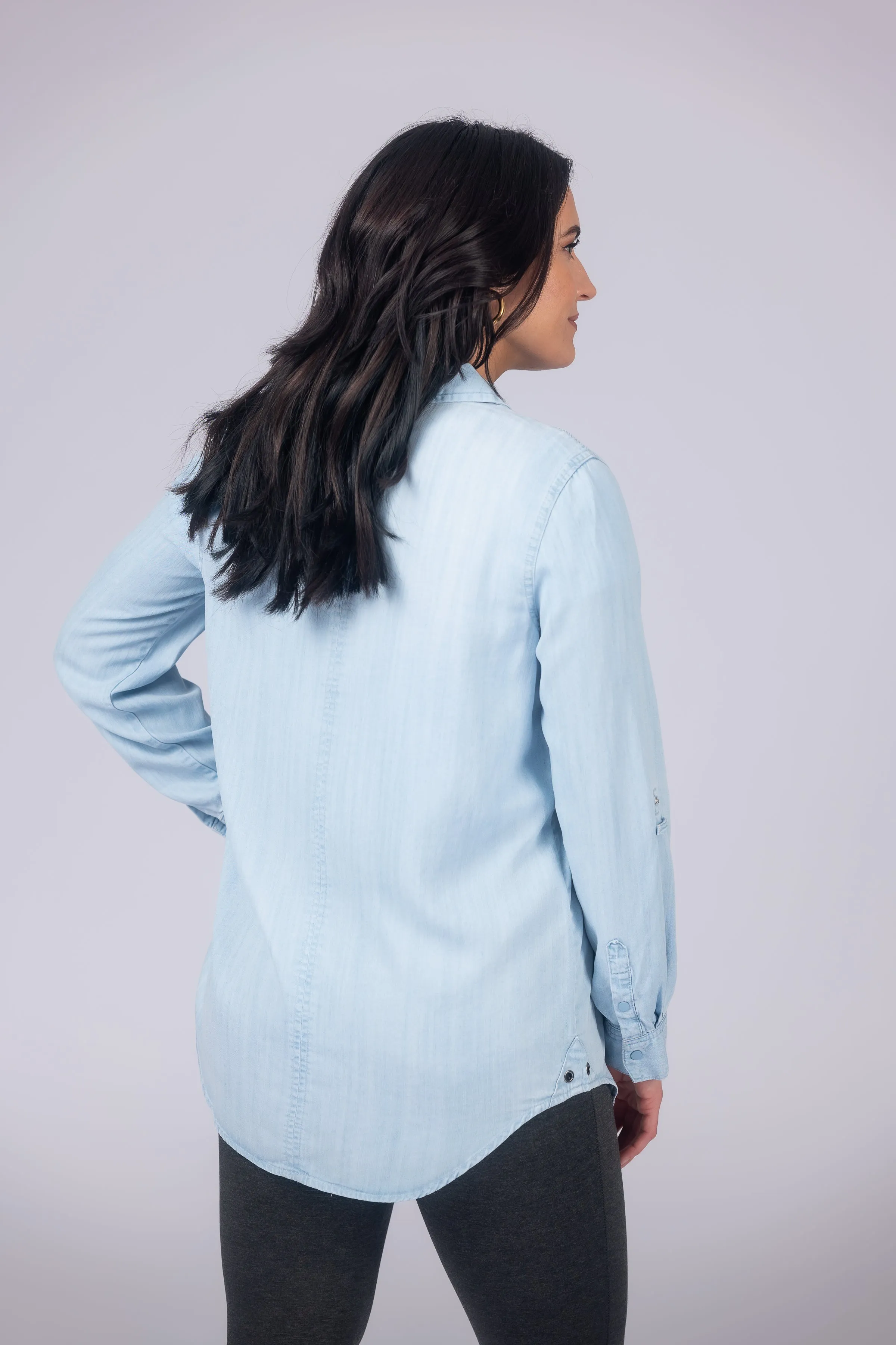 Long Roll-Tab Sleeve Button Front Slub Lyocell Shirt