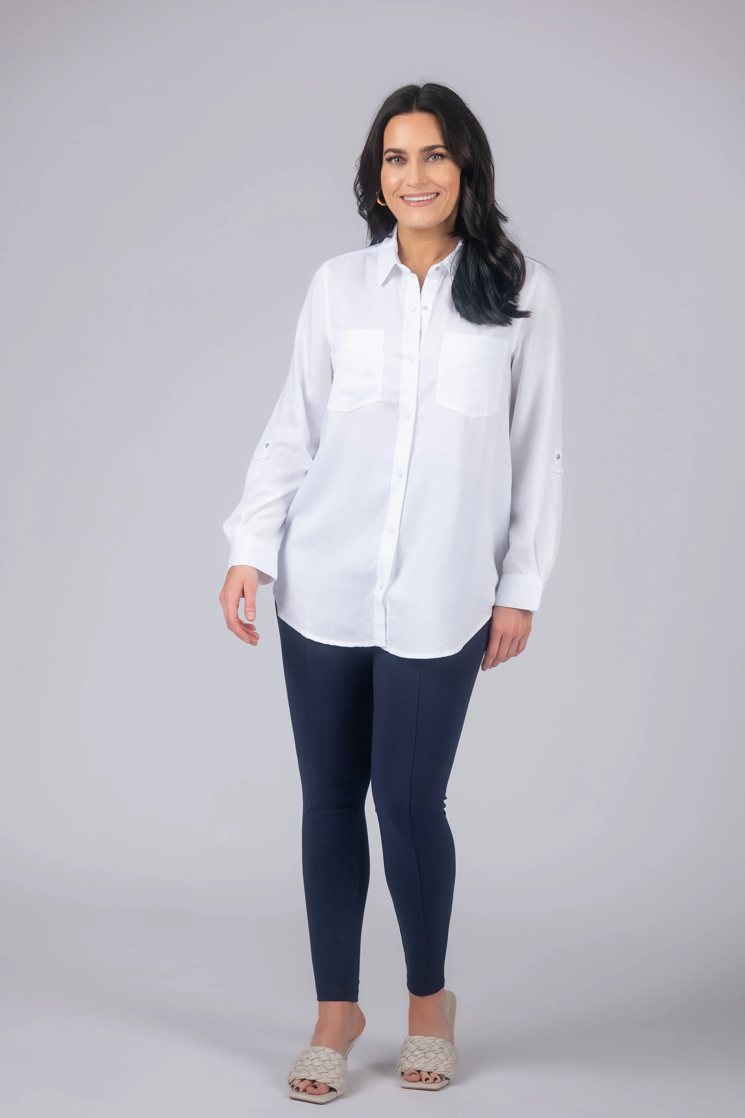 Long Roll-Tab Sleeve Button Front Slub Lyocell Shirt