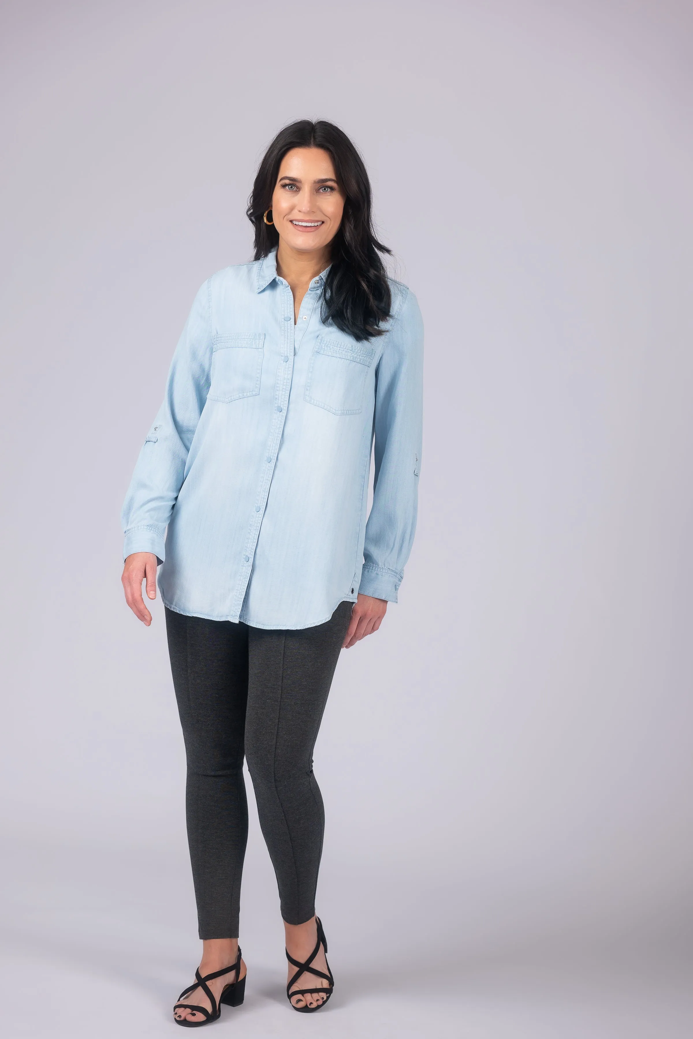 Long Roll-Tab Sleeve Button Front Slub Lyocell Shirt