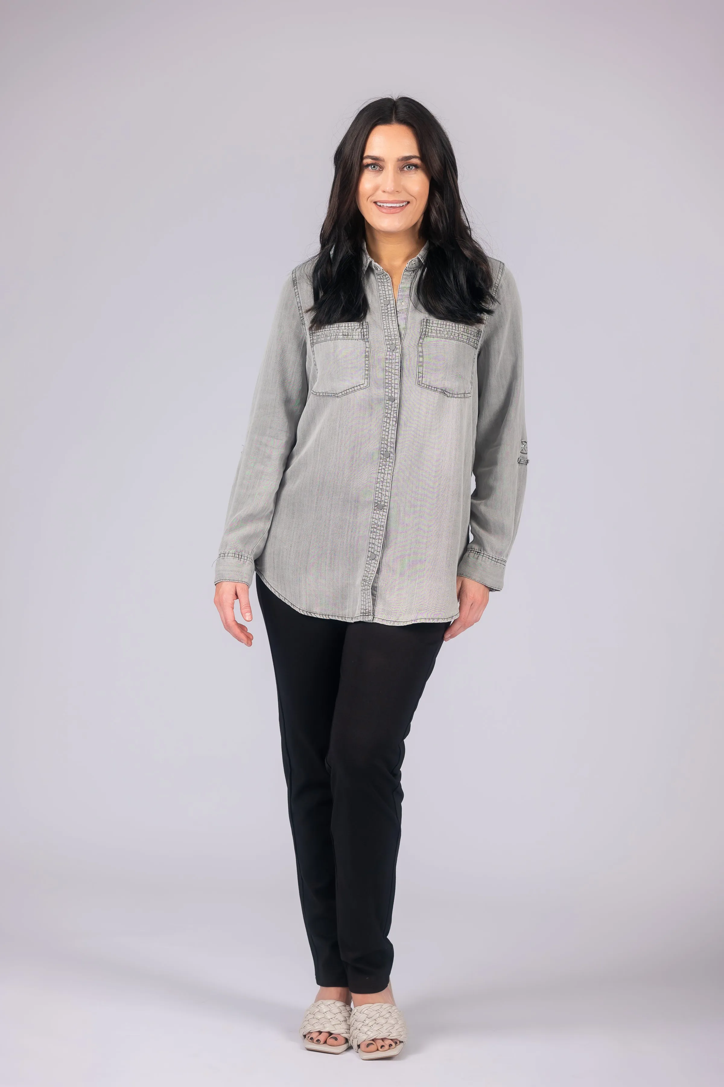 Long Roll-Tab Sleeve Button Front Slub Lyocell Shirt
