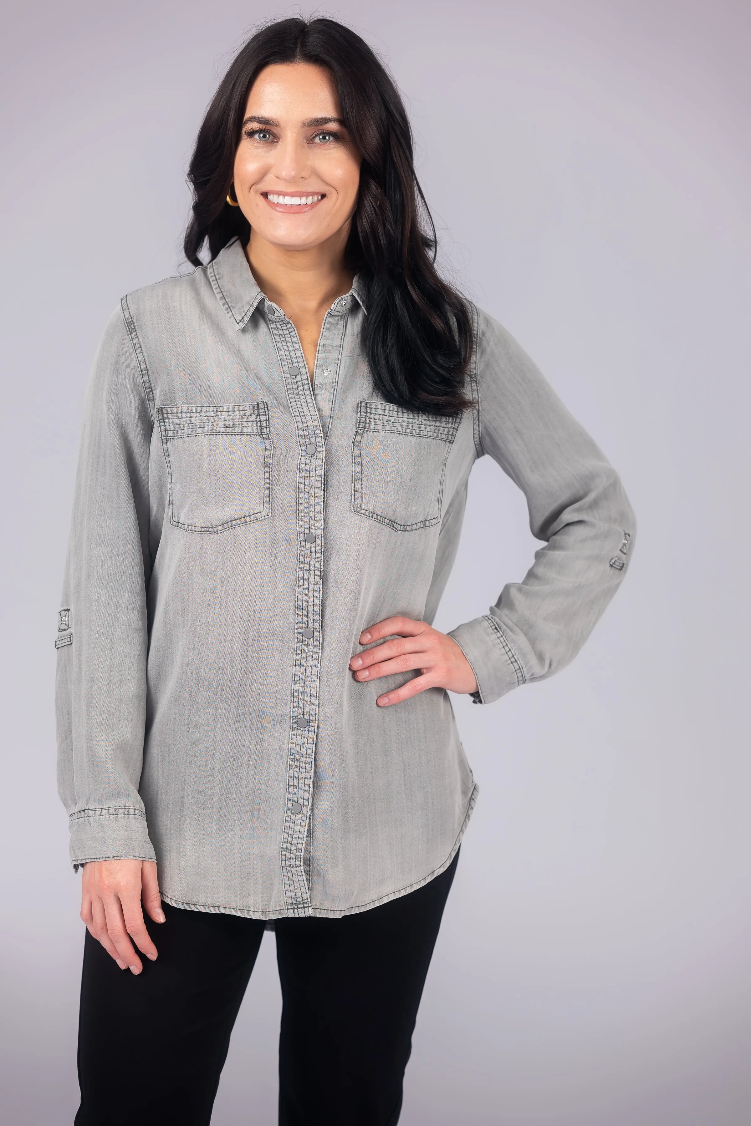 Long Roll-Tab Sleeve Button Front Slub Lyocell Shirt