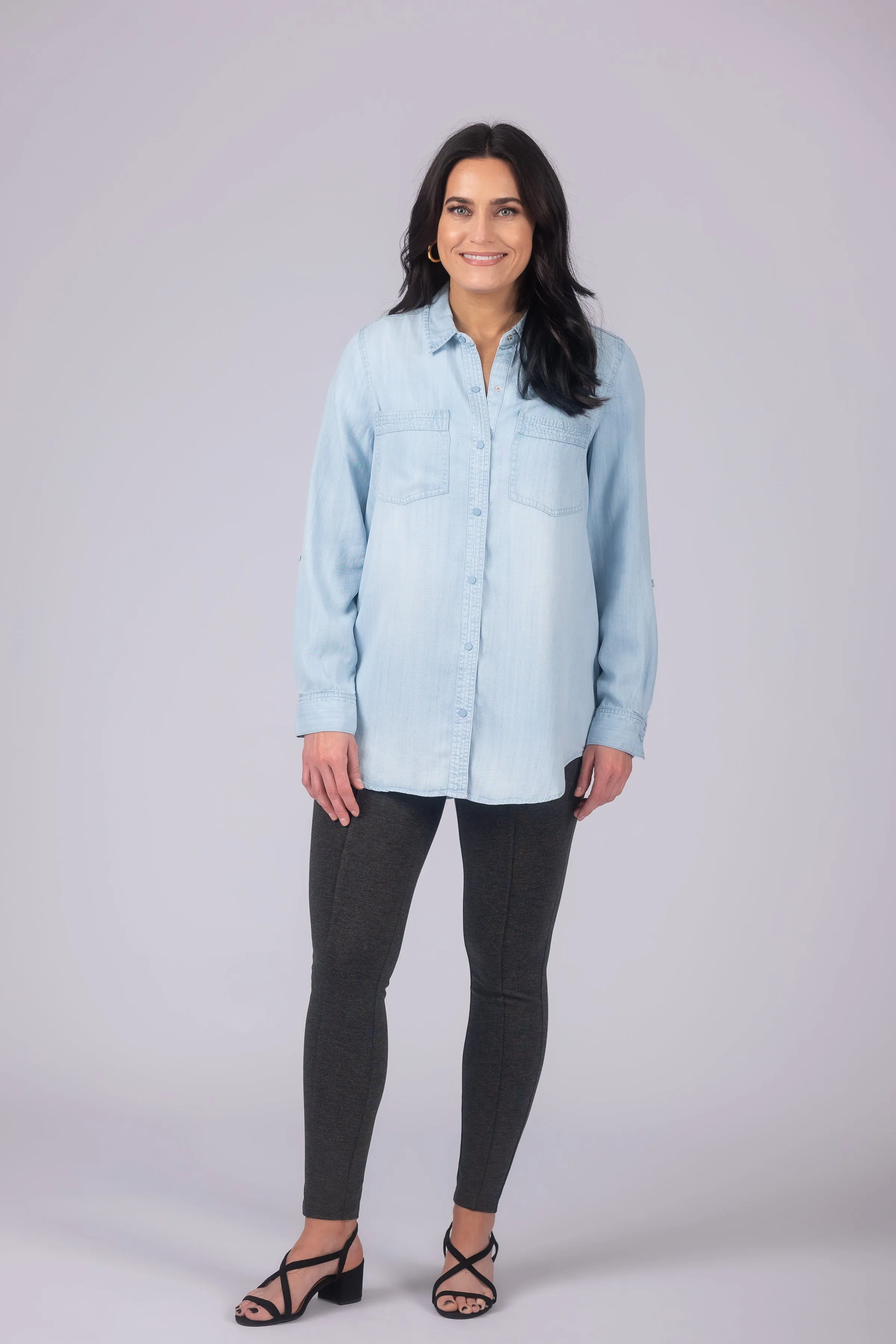 Long Roll-Tab Sleeve Button Front Slub Lyocell Shirt