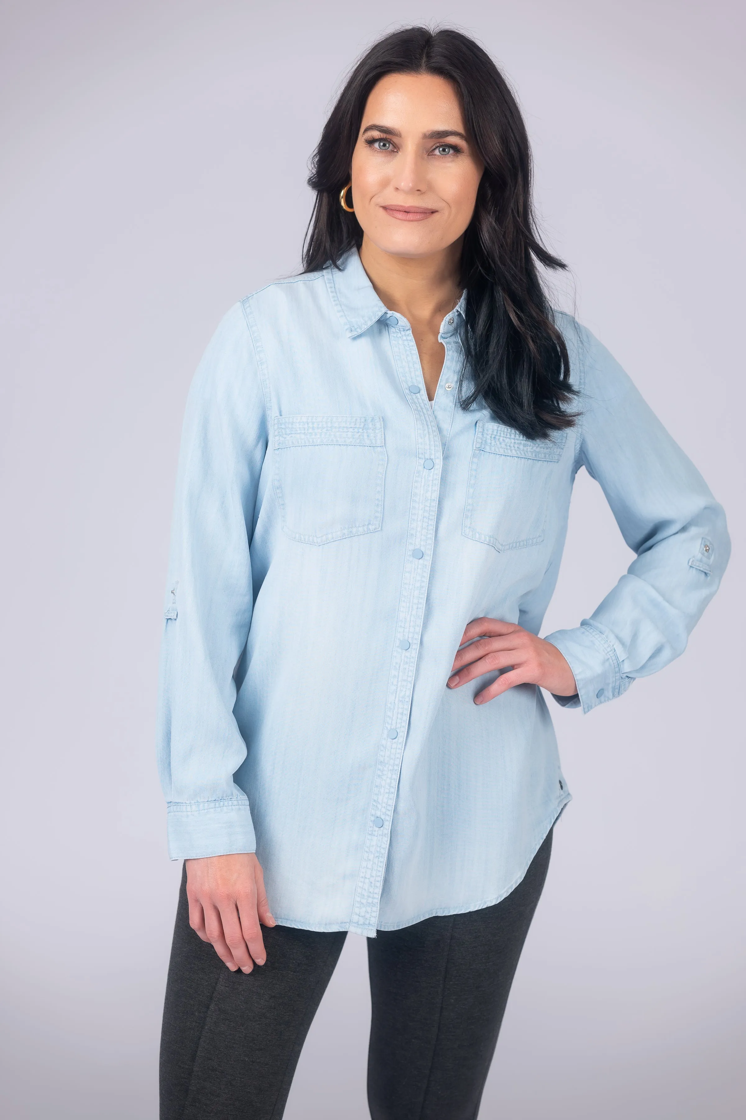 Long Roll-Tab Sleeve Button Front Slub Lyocell Shirt