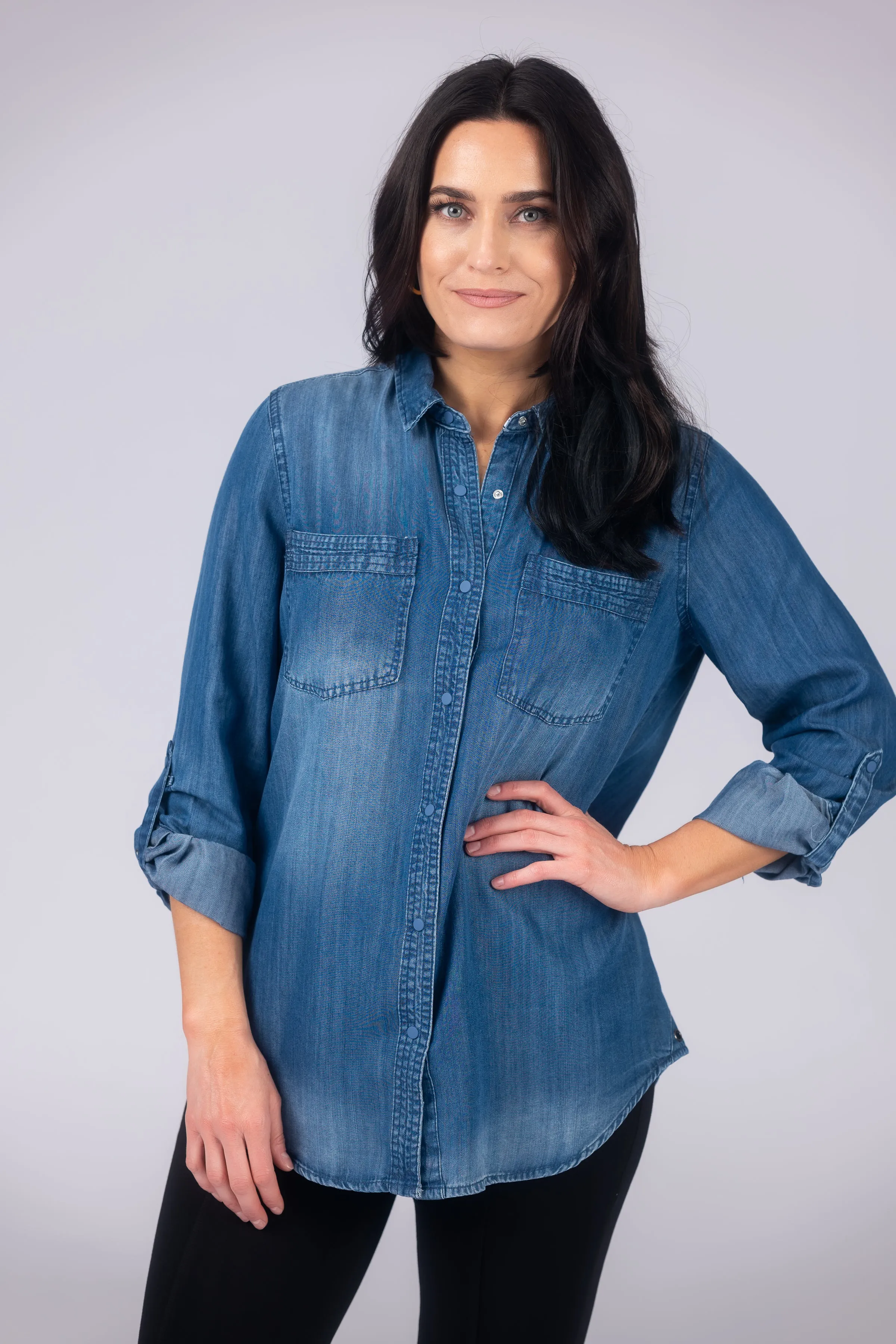 Long Roll-Tab Sleeve Button Front Slub Lyocell Shirt