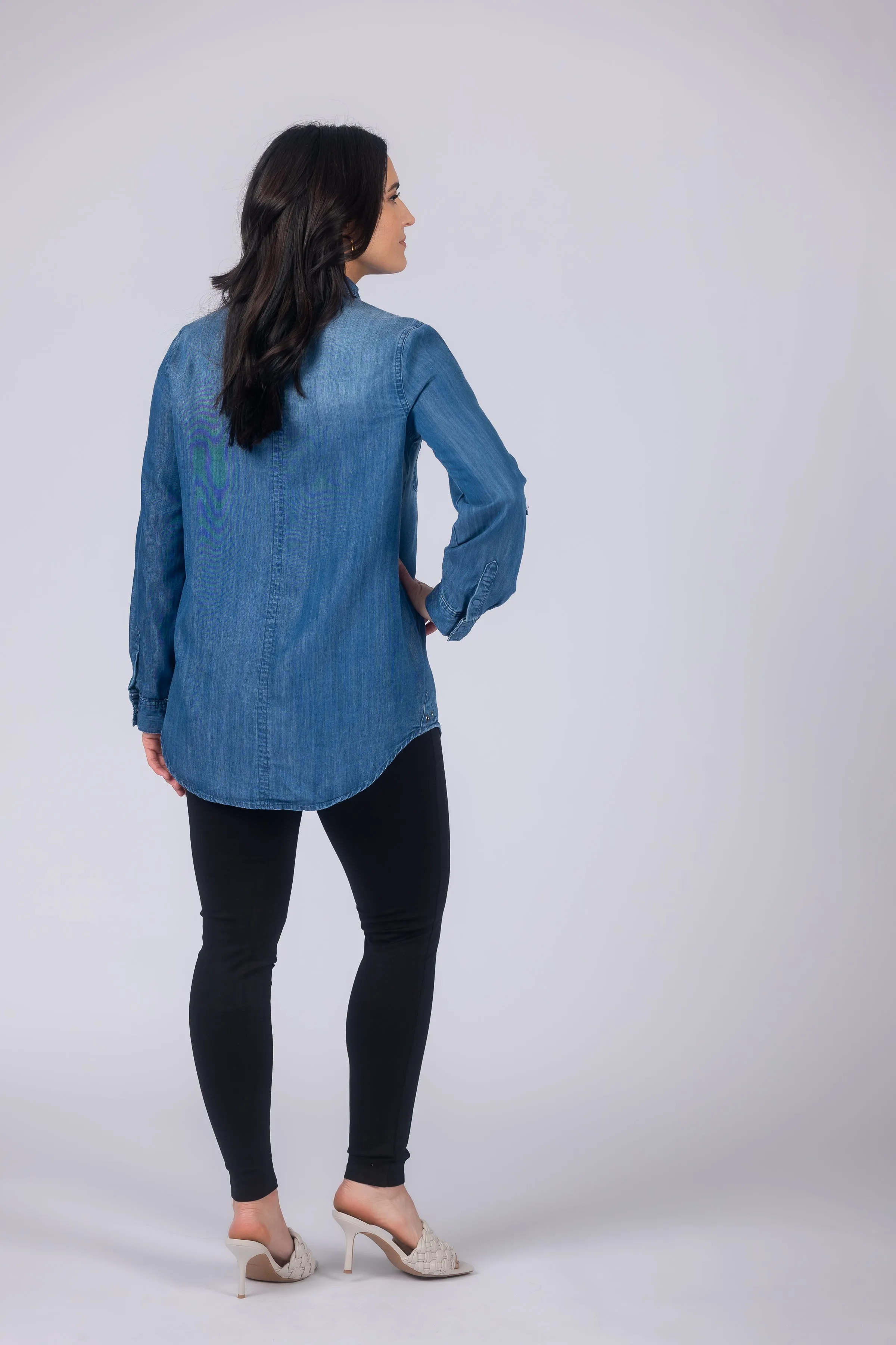 Long Roll-Tab Sleeve Button Front Slub Lyocell Shirt