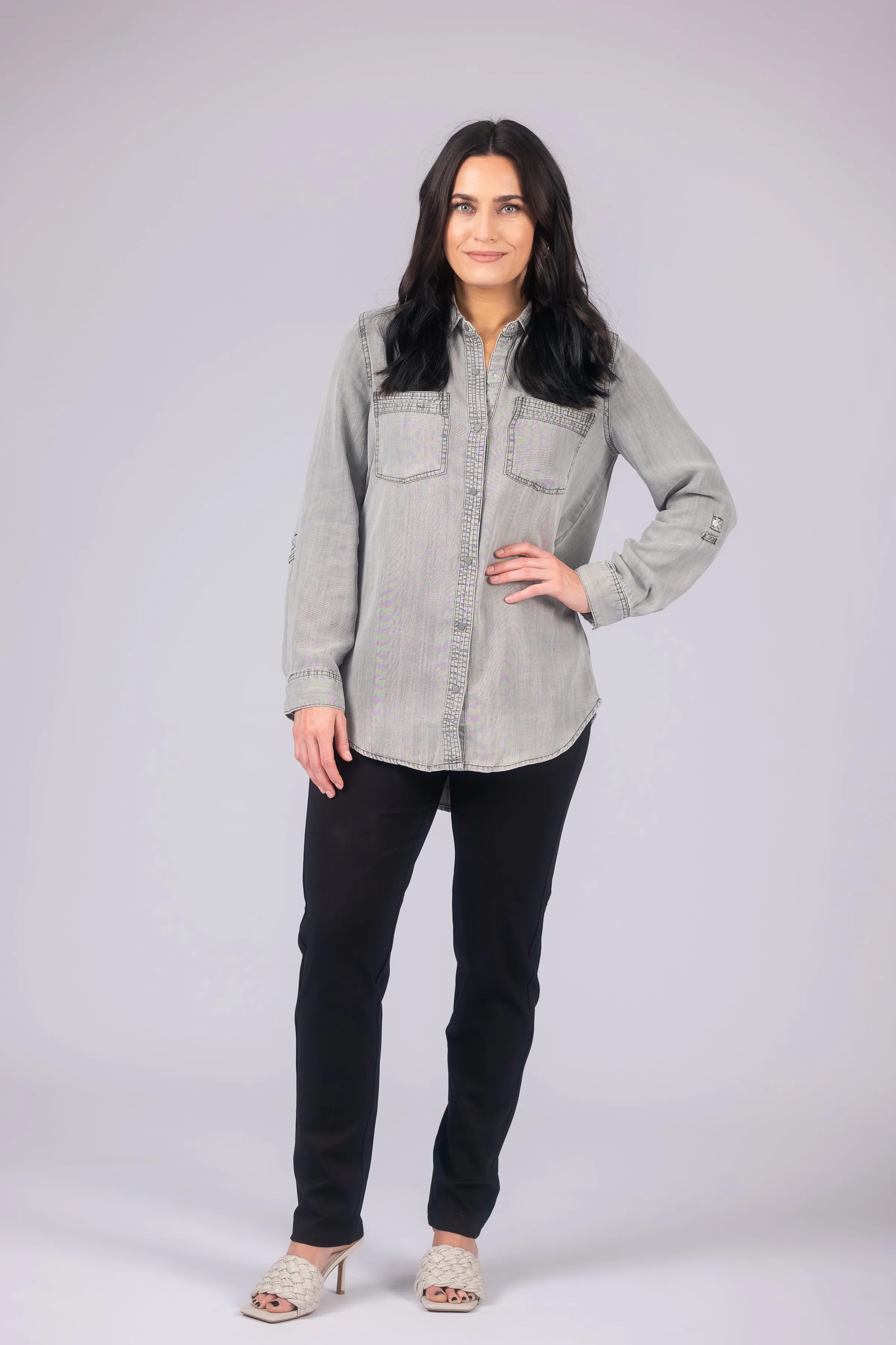 Long Roll-Tab Sleeve Button Front Slub Lyocell Shirt