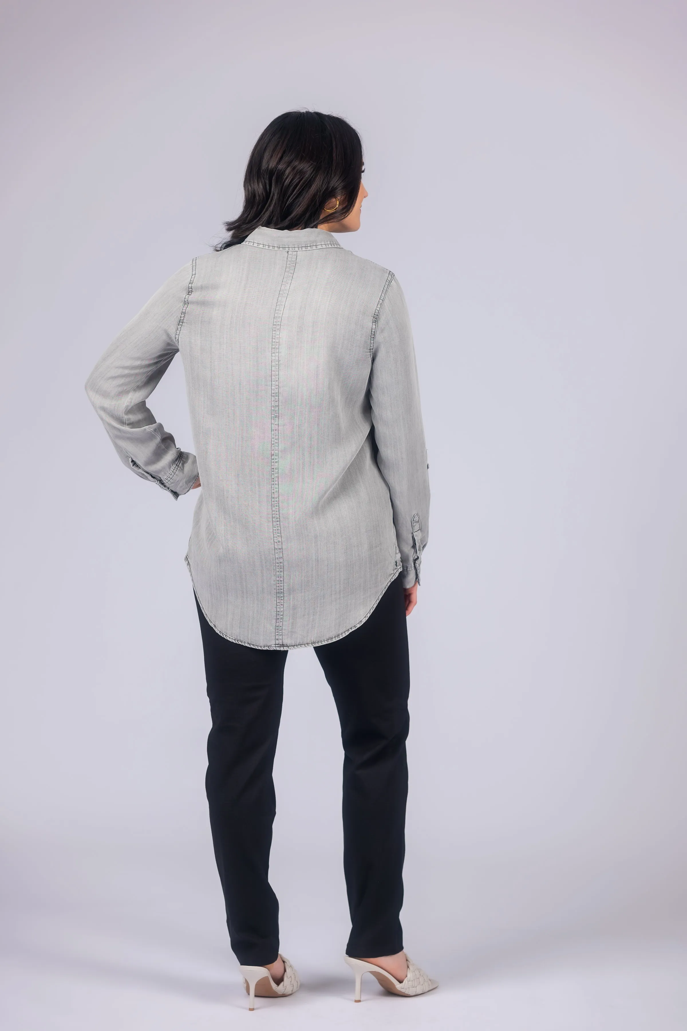 Long Roll-Tab Sleeve Button Front Slub Lyocell Shirt