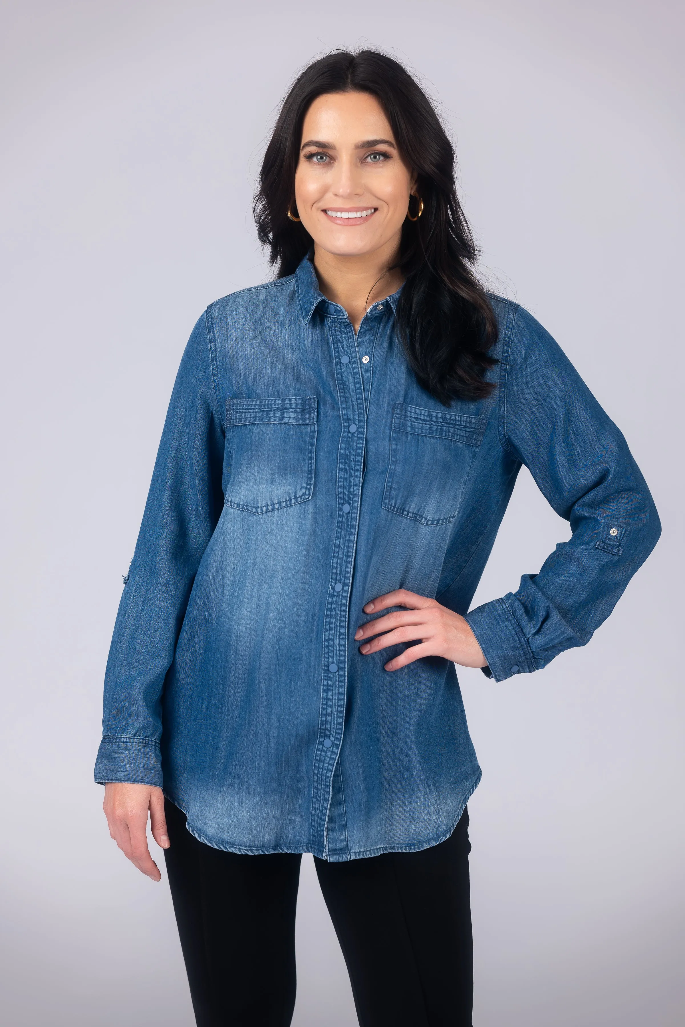 Long Roll-Tab Sleeve Button Front Slub Lyocell Shirt