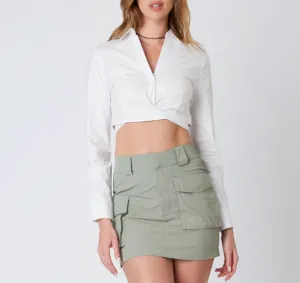Long Sleeve Button Up Tie Back Cropped Top
