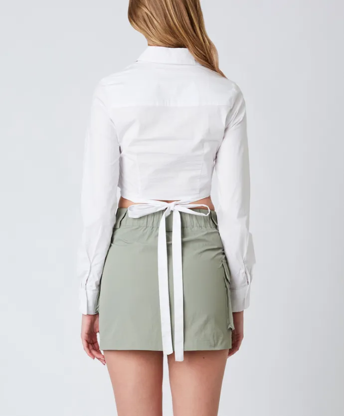 Long Sleeve Button Up Tie Back Cropped Top
