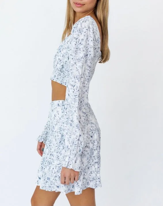 Long Sleeve Floral Smock Waist Crop Top