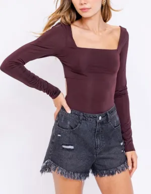 Long Sleeve Square Neck Cut Out Back Bodysuit
