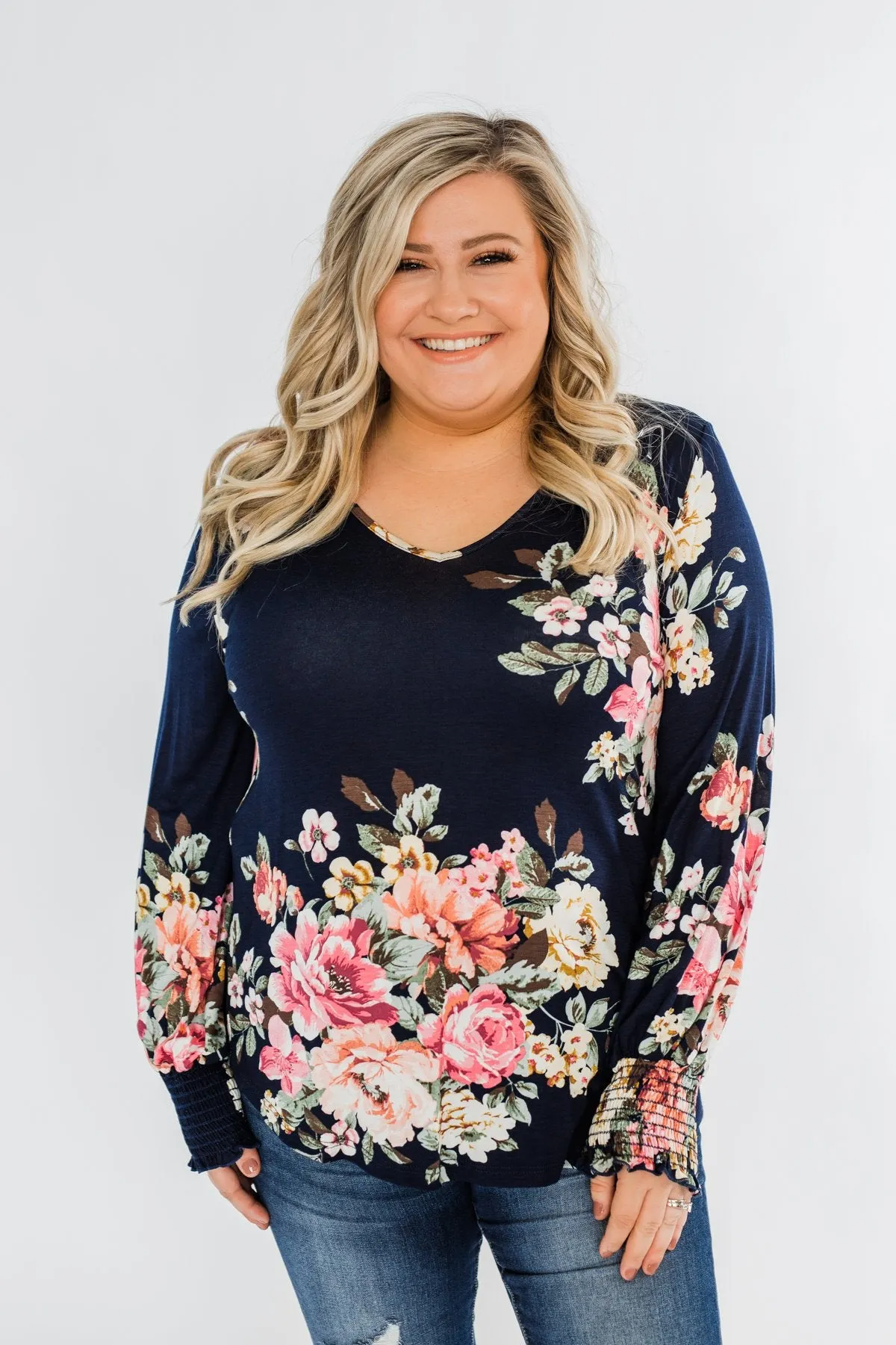 Lovely Feelings Long Sleeve Floral Blouse- Navy