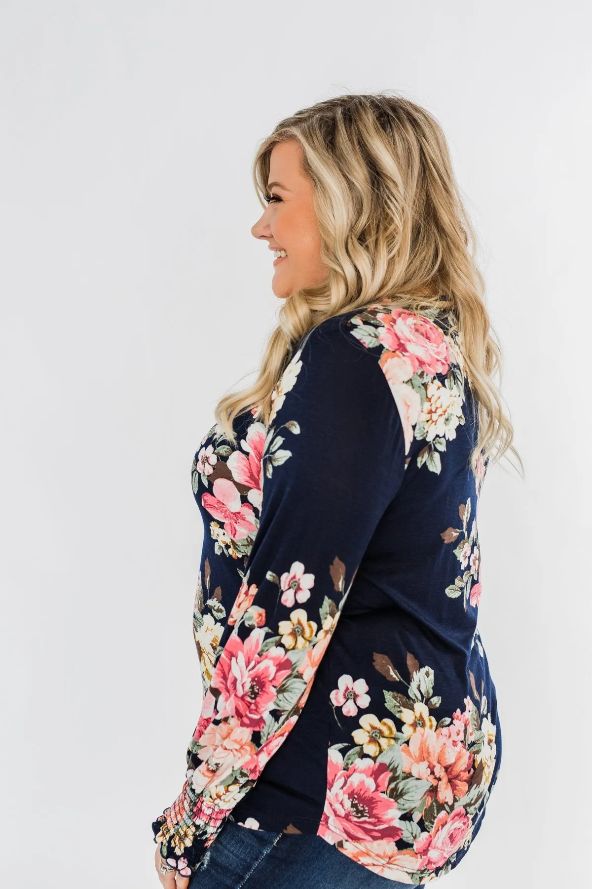 Lovely Feelings Long Sleeve Floral Blouse- Navy
