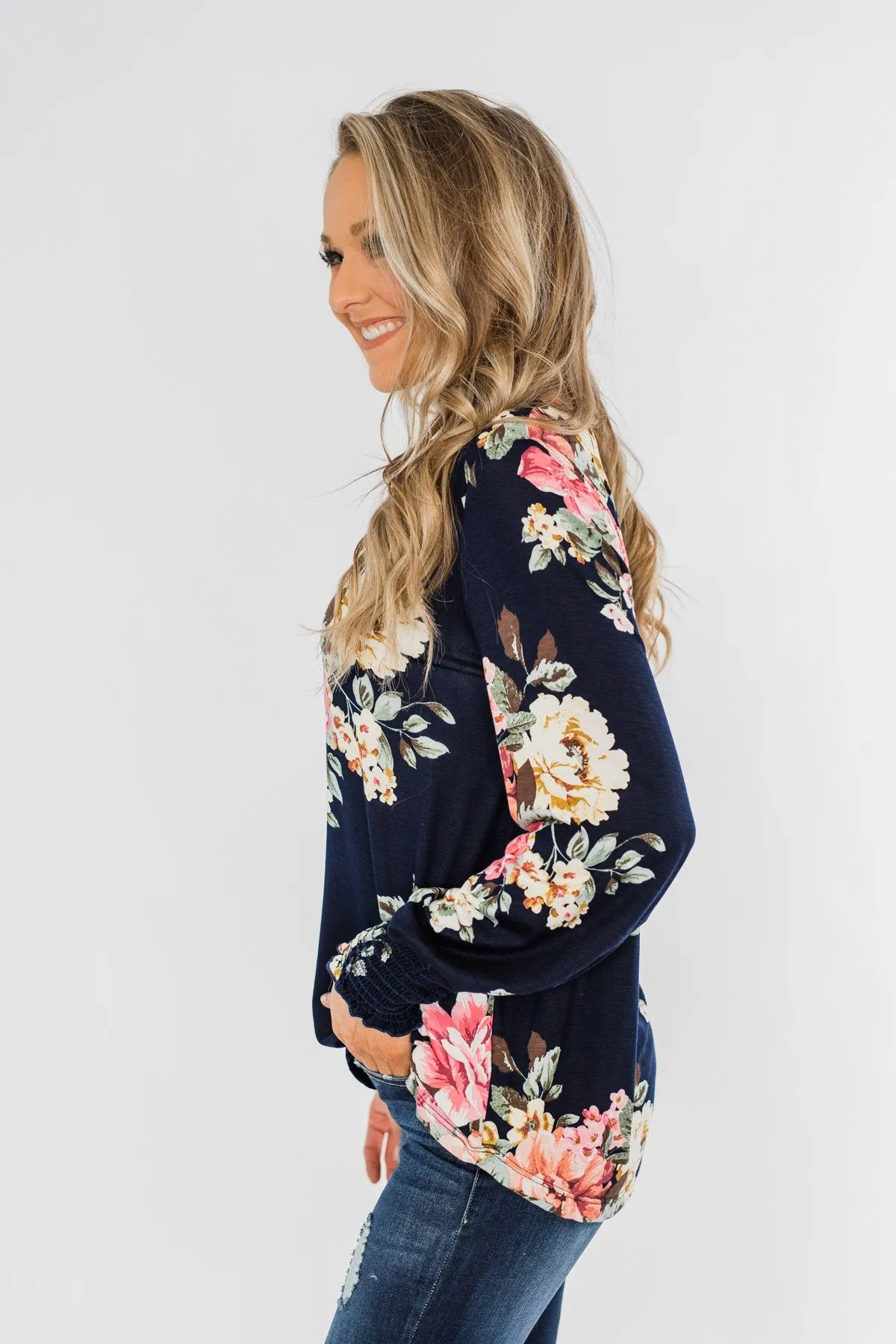 Lovely Feelings Long Sleeve Floral Blouse- Navy