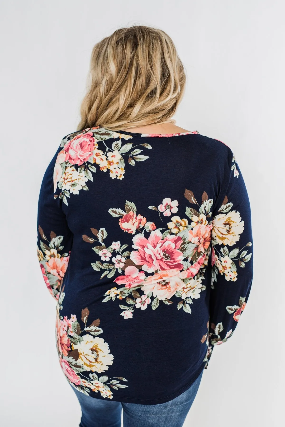 Lovely Feelings Long Sleeve Floral Blouse- Navy