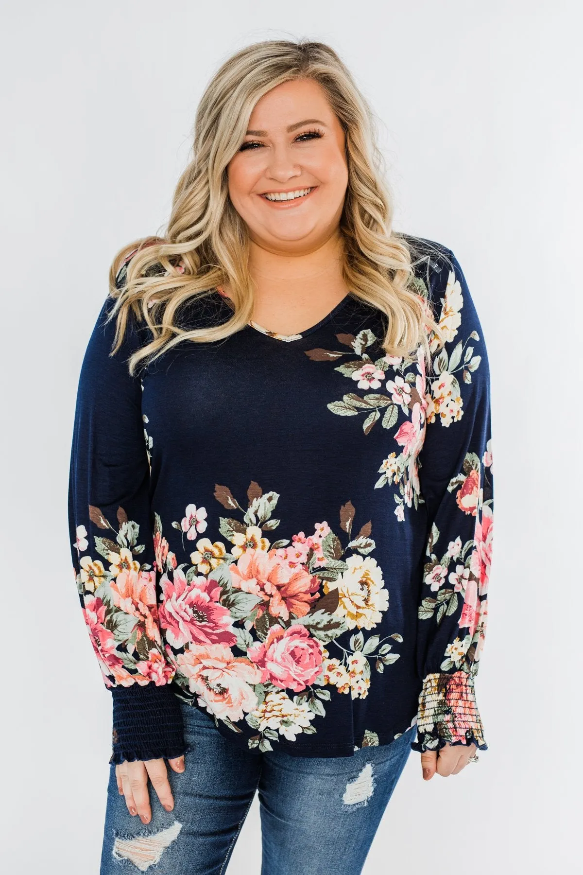Lovely Feelings Long Sleeve Floral Blouse- Navy