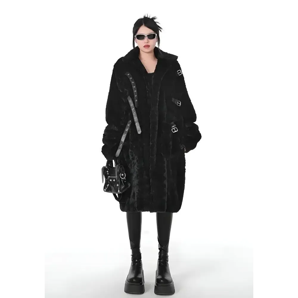 Luxurious Faux Fur Jacket with Belt Fastening for Y2K Gothic Style