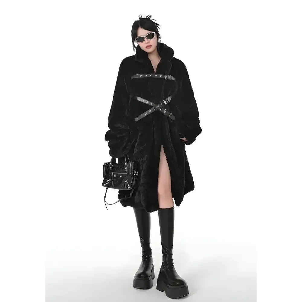 Luxurious Faux Fur Jacket with Belt Fastening for Y2K Gothic Style