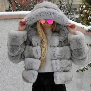 Luxurious women's hooded faux fur jacket by Lovrias