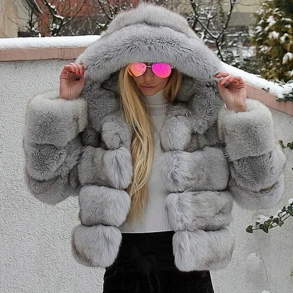 Luxurious women's hooded faux fur jacket by Lovrias