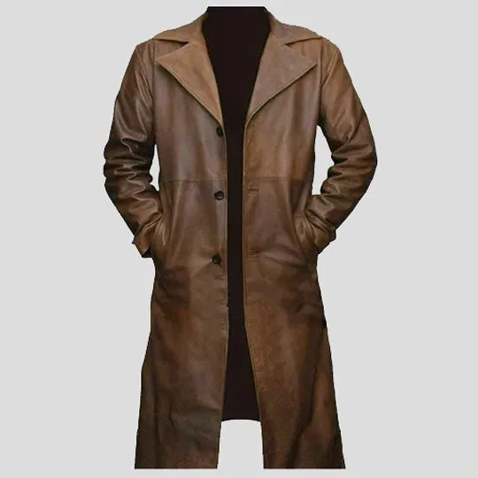 Men’s Brown Lambskin Leather Long Trench Coat