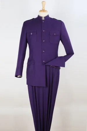 Mens Five Button Military Insired Mandarin Banded Safari Suit in Purple