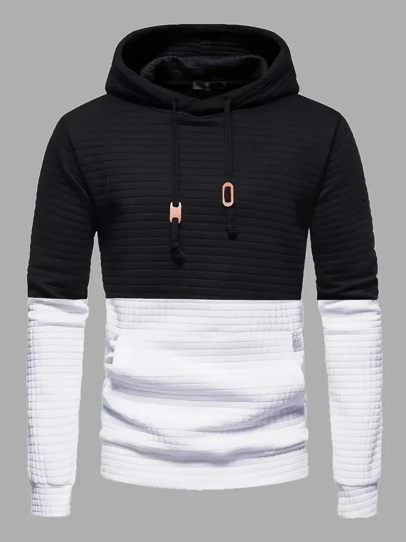 Men's hooded top waffle pattern black casual wear - stylish and versatile pullover for relaxed outings