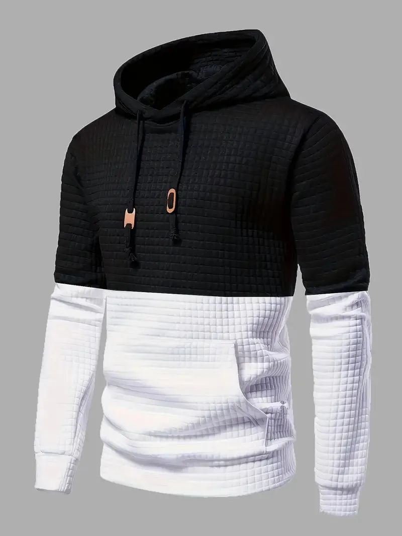 Men's hooded top waffle pattern black casual wear - stylish and versatile pullover for relaxed outings